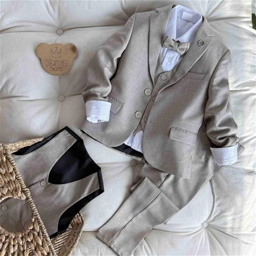 پنج تیکه کت شلوار جلیقه پاپیون کرم 5 سال تا 8 سال کد 211452