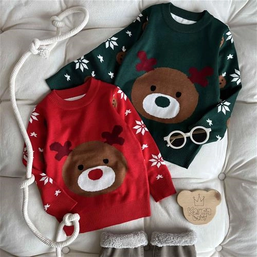 بلوز بافت کریسمسی طرح گوزن 3 سال تا 7 سال 9040 کد 212166