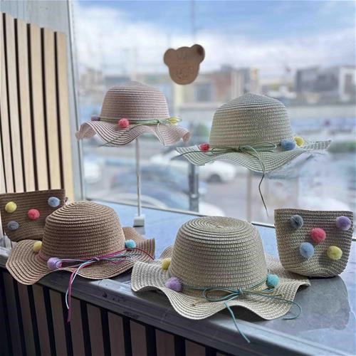 ست کیف و کلاه حصیری پوم پومی 2 سال تا 10 سال کد 214206 ( 214207 )