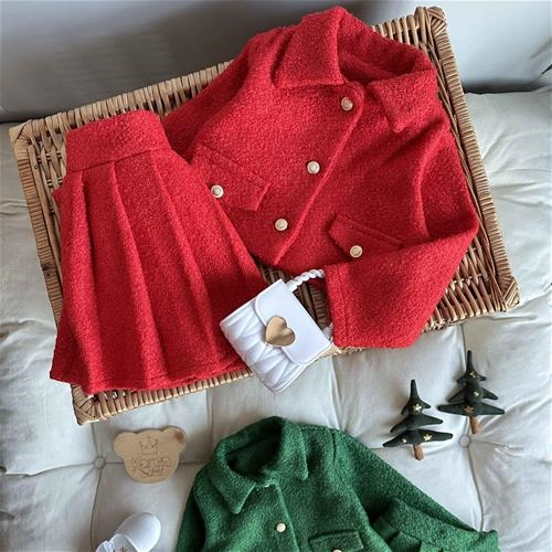 دوتیکه کت دامن یلدایی طرح شنل کارن بی بی 3 سال تا 10 سال کد 213103