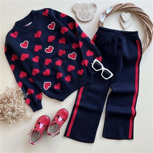 دوتیکه بلوز شلوار بافت طرح قلب 5 سال تا 10 سال کد 171368