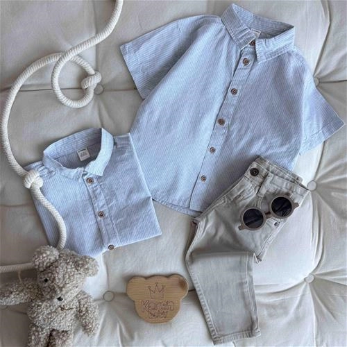 پیراهن آستین کوتاه راه راه آبی 1 سال‌ تا 7 سال کد 222119