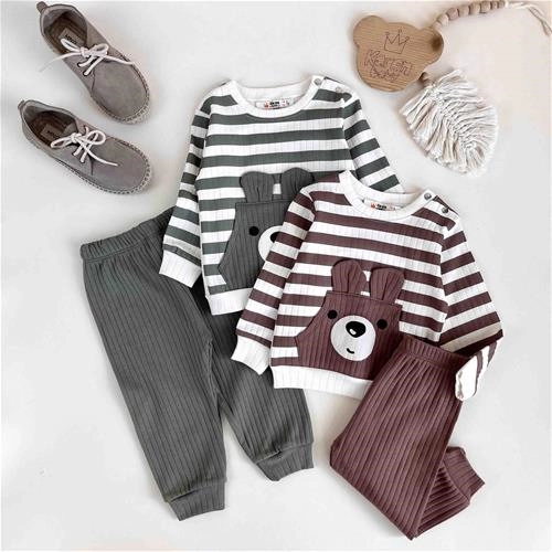 دوتیکه بلوز و شلوار کبریتی طرح خرس 9 ماه تا 2 سال کد 10081