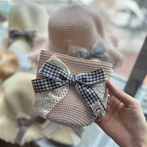 ست کیف و کلاه حصیری پاپیون چهارخونه تدی 2 سال تا 10 سال کد 214201 ( 214207 )