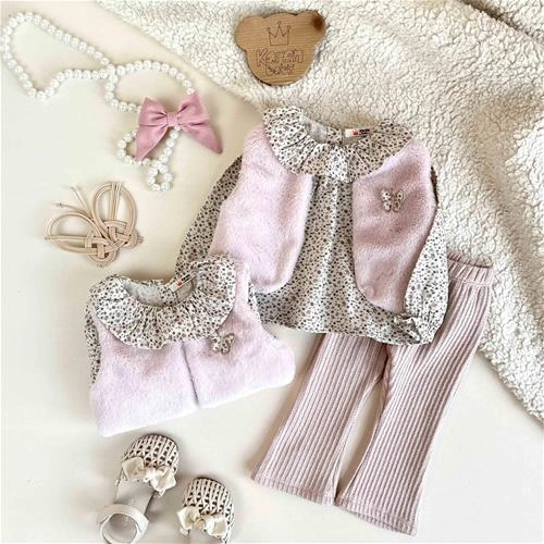 سه تیکه بلوز و شلوار جلیقه دار طرح پروانه 1 سال تا 4 سال کد 9881