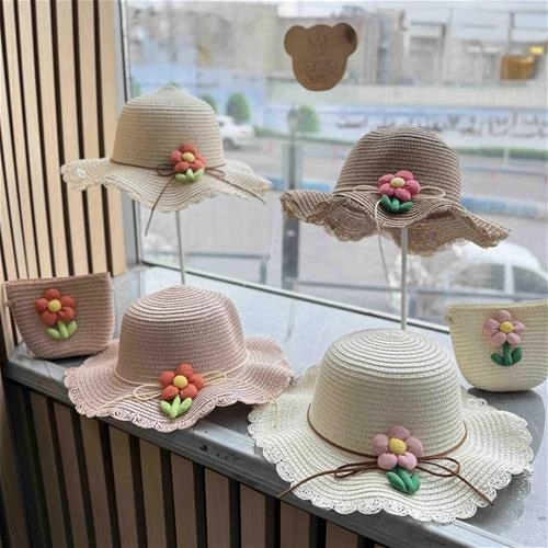 ست کیف و کلاه حصیری گل رنگی 2 سال تا 10 سال کد 214205 ( 214207 )