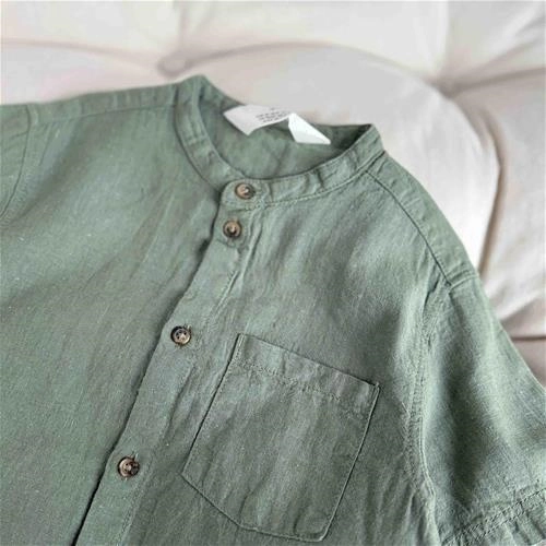 پیراهن آستین کوتاه لینن سبز یقه دیپلمات 2 سال‌ تا 10 سال کد 222100