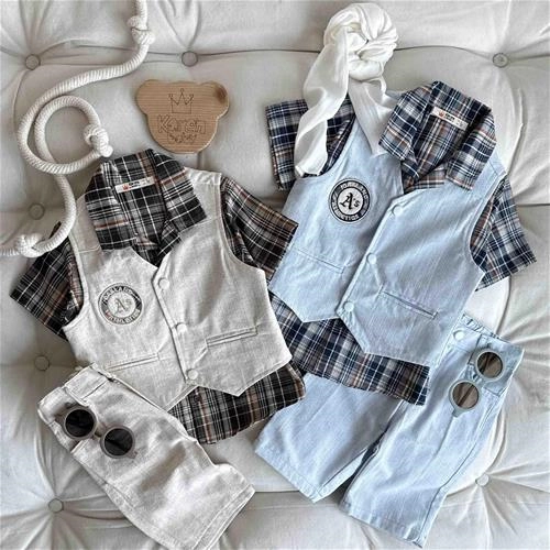 چهارتیکه جلیقه شلوارک چهارخونه 2 سال تا 5 سال کد 9554 (221102)