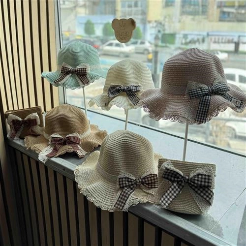 ست کیف و کلاه حصیری پاپیون چهارخونه تدی 2 سال تا 10 سال کد 214201 ( 214207 )