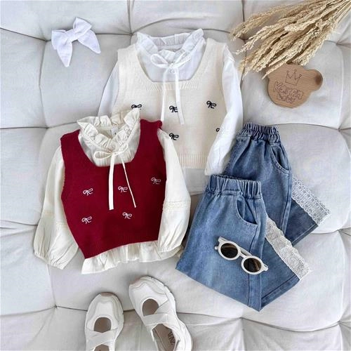 سه تیکه بافت پاپیون شلوار جین 2 تا 6 سال کد 9774