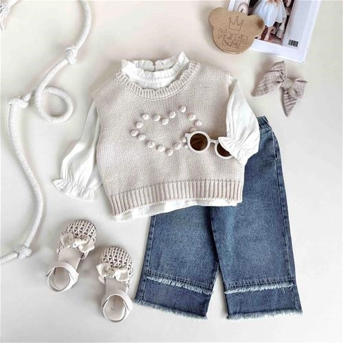 سه تیکه وست بافت و شلوار طرح قلب 2 سال تا 6 سال کد 9775