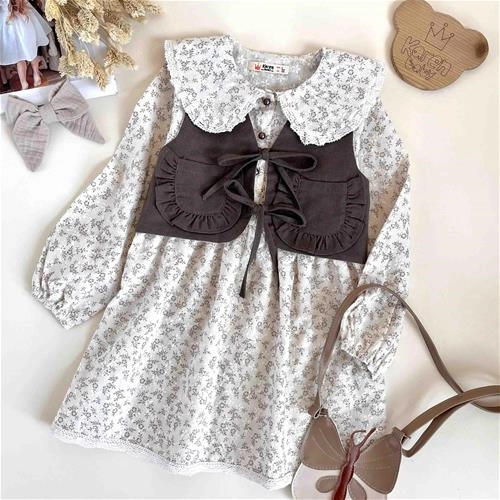 سارافون دوتیکه گل گلی جلیقه دار  4 سال تا 10 سال کد 10134