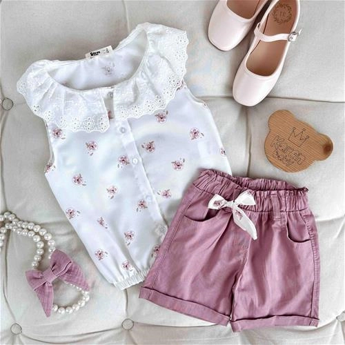 دوتیکه تاپ شلوارک بچگانه طرح گل گلی کد 9615 (221115)