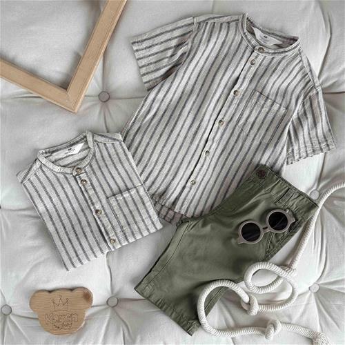 پیراهن آستین کوتاه لینن راه راه یقه دیپلمات 2 سال‌ تا 10 سال کد9486 (222100)