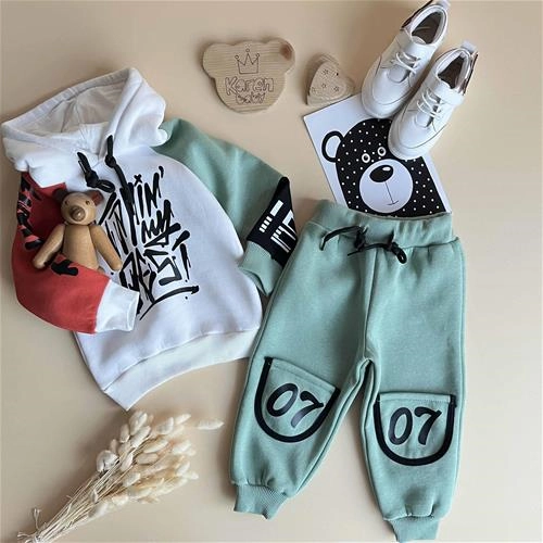 دوتیکه هودی شلوار کرکدار طرح جلونوشته 2 سال تا 7 سال کد 171201