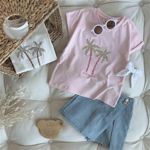 تیشرت بچگانه طرح نخل پولکی دخترانه 6 سال تا 9 سال کد 9599 (221236)