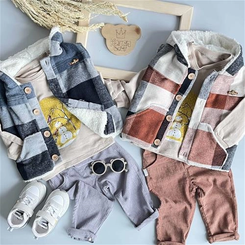 سه تیکه پافر چهارخانه طرح آدم برفی 2 سال تا 5 سال کد 181168