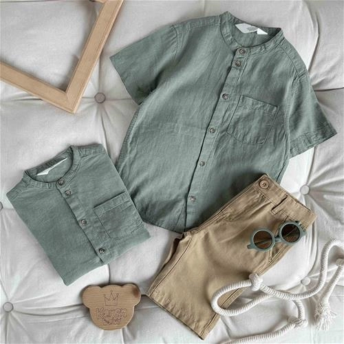 پیراهن آستین کوتاه لینن سبز یقه دیپلمات 2 سال‌ تا 10 سال کد 222100